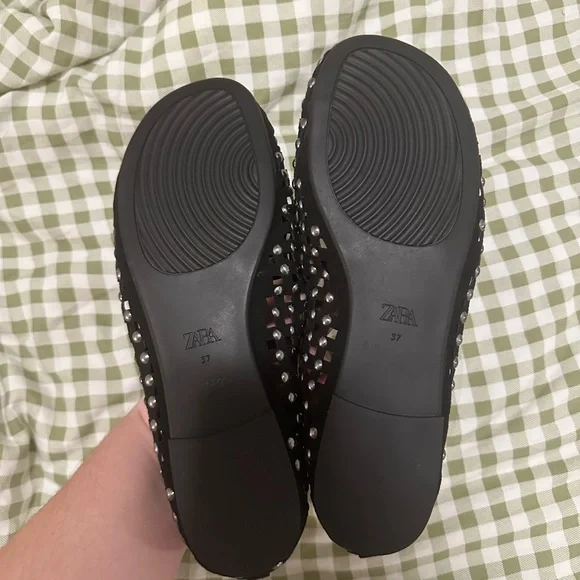 Zara Black Studded Mesh Mary Jane Ballet Flat Shoes Womens Size 37 - Picture 4 of 6